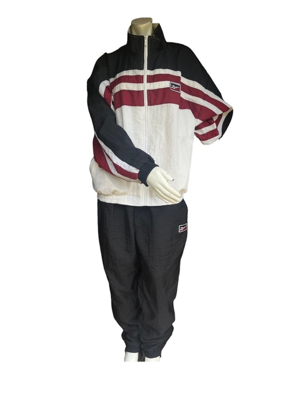 Vintage Reebok 2 Piece Jacket & Pants Red, White & Black Striped Tracksuit Large